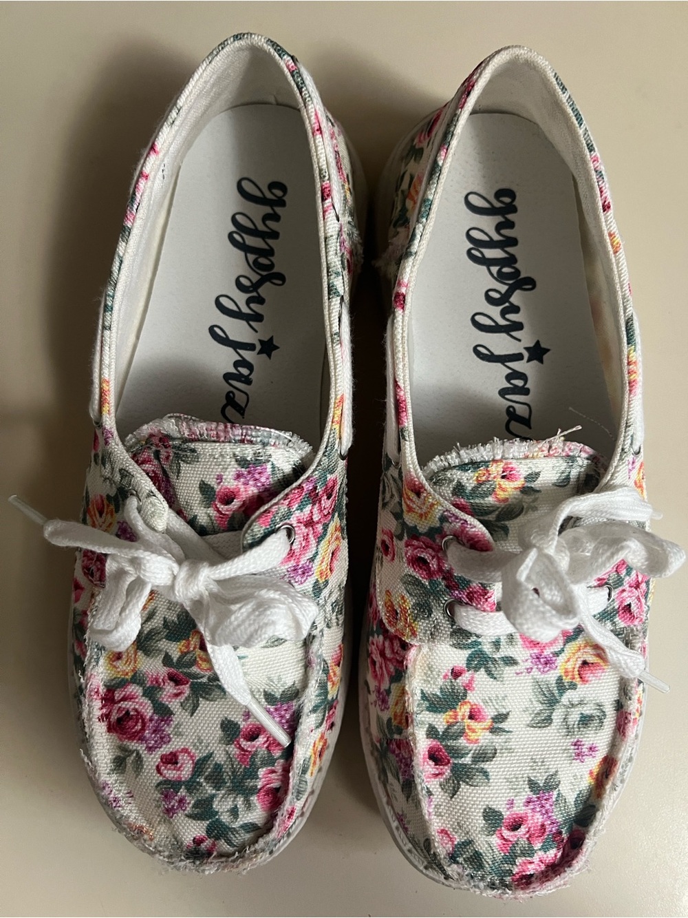 Gypsy Jazz White Floral Canvas Boat Shoes with Pink and Yellow Roses